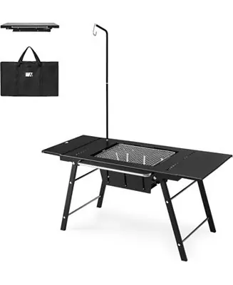 Portable IGT Table with Charcoal Grill, Folding Camping Table and BBQ Grill with Desk Extension & Lantern Stand Secure Checkout
