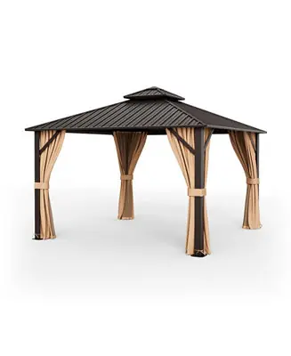 12 x 12 Feet Double-Roof Patio Hardtop Gazebo with Galvanized Steel Roof Netting and Curtains Budget