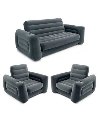 Queen Size Inflatable Pull-Out Sofa Bed Couch and Chair Sleeper, Dark Gray Warranty Included