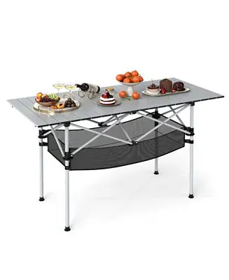 Patio Folding Camping Table with Aluminum Roll-up Tabletop & Mesh Basket Special Offer
