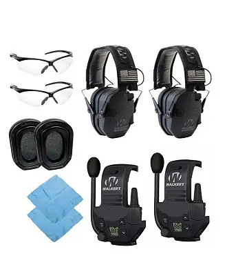 Walker's Razor Slim Electronic Muff (Black Patriot Version) Bundle with Walkie-Talkie Attachments Gel Filled EARPAD Shooting Glasses and Microfiber Cleaning Cloths (10 Items) Free Returns