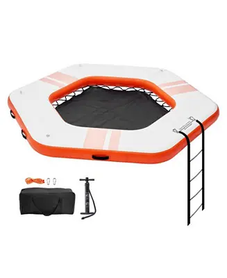 Bargain Inflatable Floating Dock Platform,8.5FT Dock with5FT Trampoline Mesh Pool, Non-Slip, Portable Bag, Detachable Ladder