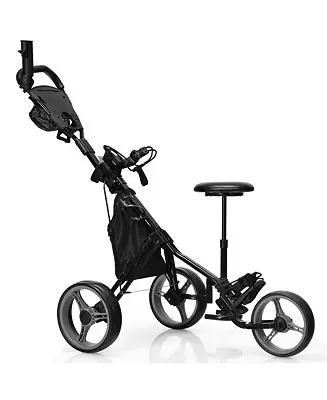 3-Wheel Foldable Golf Push Pull Cart Trolley w/ Seat Adjustable Handle Must Have