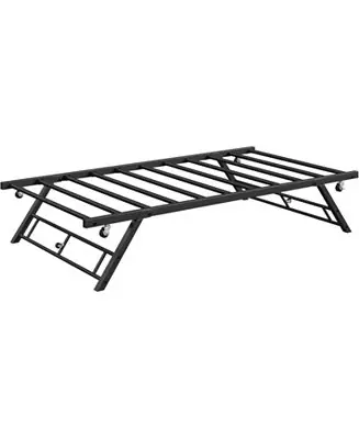 Twin Size Pop Up Trundle Bed Frame, Foldable Metal Platform, Lockable Casters, Black Mega Sale