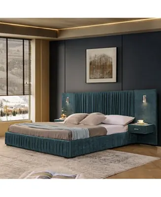 Size Upholstered Bed Frame with Chenille, Pleated Design, No Box Spring Needed-Blue-Green High Quality