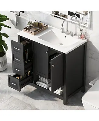 36" Solid Wood and MDF Bathroom Vanity with Sink Top, Cabinet Doors, Drawers and Open Shelf Trending