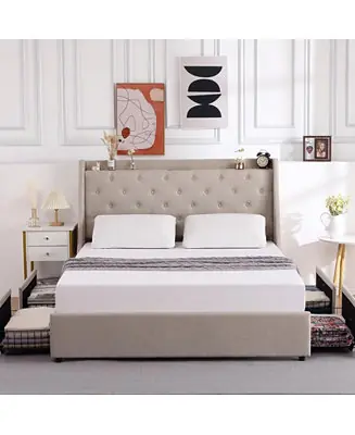 Order Now Full Bed Frame with Charging Station, Upholstered Platform Bed Frame with Wingback Headboard