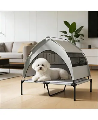 Luxury Elevated Portable Dog Cot with Pad in Light Grey
