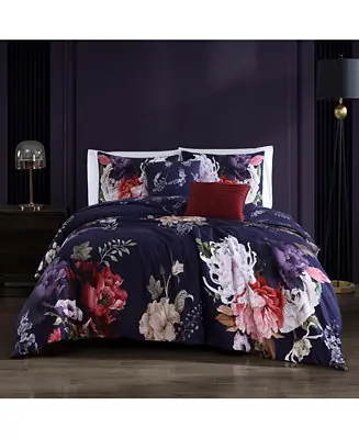 Time-Limited Deep Purple Garden 100% Cotton Sateen 5 Piece Reversible Comforter Set, King