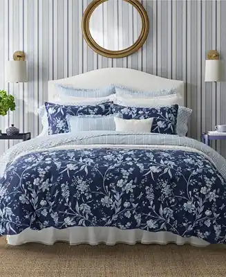 Branch Toile Cotton Reversible 7 Piece Comforter Set, King Next Day Delivery