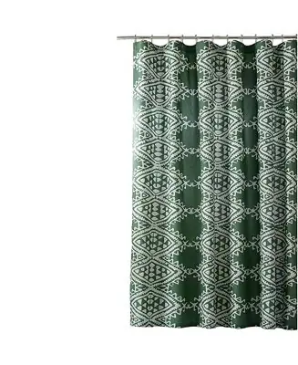 Green White Geometric Motif Cotton Poly Shower Curtain 72x72 Modern