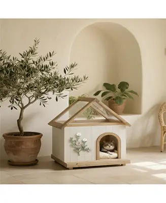 Cat House with Floral Carving for Cats & Small Dogs in Natural Top Rated