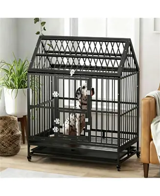 Dog Crate with 4 Lockable Wheels, Double Doors, and Removable Tray in Black Place Order