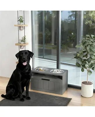 Hot Picks 21.6 in. Wide Dog Bowls with 2 Stainless Steel Bowls in Grey