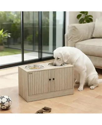 23.6 in. Wide Dog Bowls with Storage Cabinet in Oak Weekend Sale