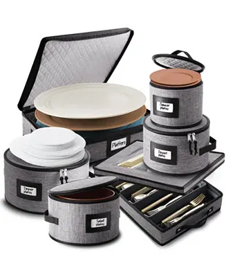 6 Piece Hard Shell Fine China Plates, Platters and Silverware Storage Set - Holds a 12 Serving Set Money Back Guarantee