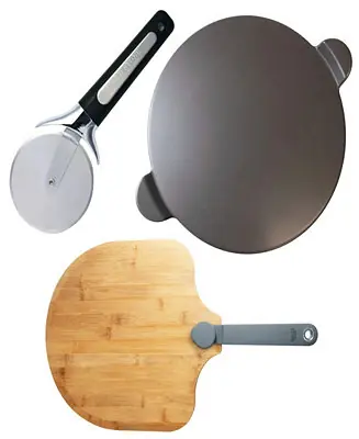 3pc Glazed Pizza Stone Set. Set includes 15" Glazed Pizza Stone, 14" X 16" Real Peel, and a 3.5" Pizza Cutter Set In Demand