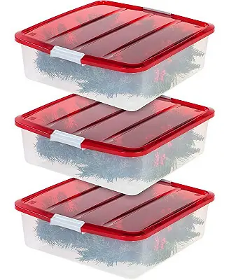 33 Qt. 3-pack Holiday Wreath Storage Container Box with Lid, Clear/Red Hassle-Free Returns