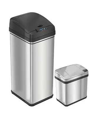 Clearance Stainless Steel Kitchen and Bathroom Sensor Trash Cans with Odor Filter 13 Gallon and 2.5 Gallon Silver Set of 2