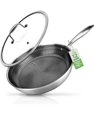 12'' Stir Fry Pan with Glass Lid - Triply Stainless Steel Cookware, DAKIN Etching Non-Stick Coating Inside and Outside Exclusive Offer