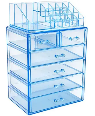 2 Piece Acrylic Makeup and Jewelry Storage Organizer Case (6 Drawers and Lipstick Tray) New Release