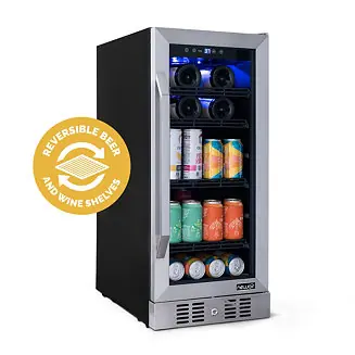 15" FlipShelf Wine and Beverage Refrigerator, Reversible Shelves Hold 80 Cans or 33 Bottles, Stainless Steel & Double-Layer Tempered Glass Door, Quiet Compressor Cooling, Compact Wine Cellar, Built-in Counter or Freestanding Fridge for Reds Free Returns