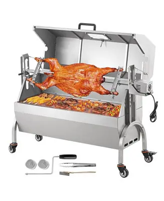 46" Rotisserie Charcoal Spit Grill with Hooded Cover, 132 lb Capacity, 52W Electric Motor, Stainless Steel Roaster, Lockable Wheels New Arrival