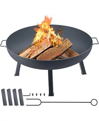 34-Inch Round Carbon Steel Fire Pit Bowl, Wood Burning Fire Bowl with Drain Hole, Portable Handles and Firewood Stick, Black Last Chance