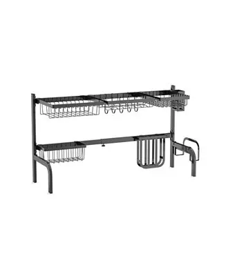 2 Tier Adjustable Over Sink Dish Drying Rack with 8 Hooks Instant Buy