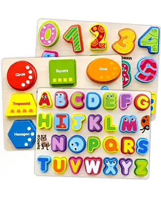 One Day Deal 3xSET Chunky Wooden Puzzles for Toddlers 1-3 - Numbers Alphabet Shapes