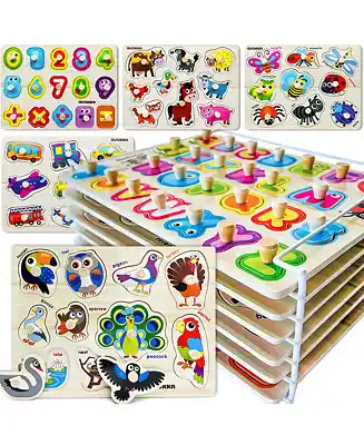 Weekend Sale 6X Wooden Puzzles for Toddlers 1-3 with Rack - Alphabet, Numbers, Animals