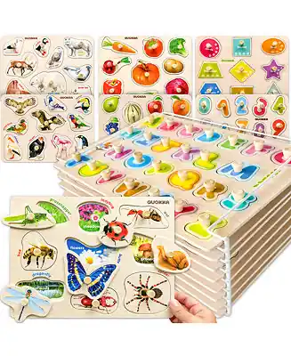 Last Chance 8XSET Wooden Puzzles for Toddlers 2-4 with Rack - Alphabet, Numbers