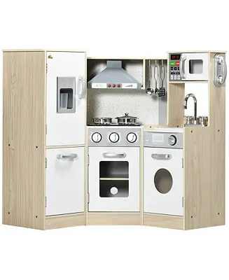 Free Delivery Ultra-Big Corner Kids Kitchen Playset with Sound Effects, Wooden Play Kitchen with Stainless Steel Cooking Toys, Imaginative Pretend Toy for Ages 3-6 with Phone, Ice Maker