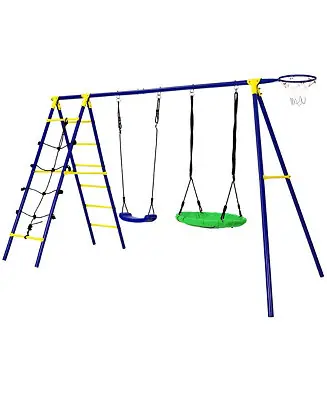 Wholesale Boys 5-In-1 Swing Set for Outdoor W/ Heavy Duty Frame Basketball Hoop & Climbing Ladder