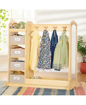 Seasonal Sale EdQ Dress Up Storage with Bins - Natural: Wooden Montessori Closet Organizer for Costumes and Kids' Pretend Play Toys