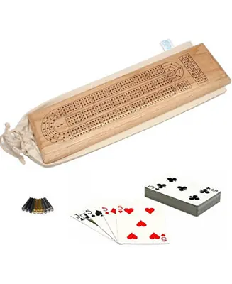 WE Games Deluxe Cribbage Set - Solid Oak Wood Continuous 3 Track Board Certified