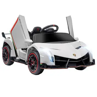 Premium Lamborghini Veneno Licensed Kids Electric Car with Bluetooth, 12V Ride on Car with Butterfly Doors, Remote Control, Portable Battery, Suspension System, Horn, Songs, Lights, White