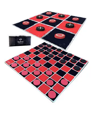 2-in-1 Vintage Giant Checkers and Tic Tac Toe Game With Mat (4 ft. x 4 ft.) - 100% Machine-Washable Canvas - Giant Games Professional Grade