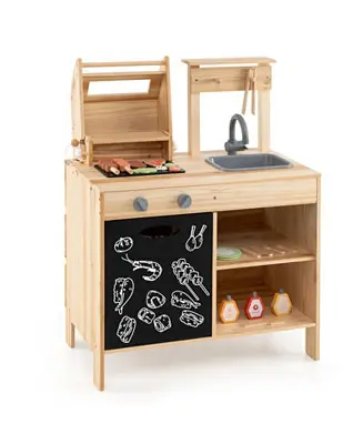 Save Now Wooden Barbecue Grill Playset with Chalkboard and Sink and Cabinet