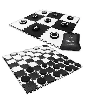 Last Chance 2-in-1 Premium Giant Checkers & Tic Tac Toe Game (4ft x 4ft) | Checkerboard High Density EVA Foam Mat & Pieces w/ Bag