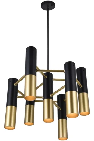 Anem 7 Light 17 inch Matte Black and Satin Gold Down Chandelier Ceiling Light Next Day Delivery
