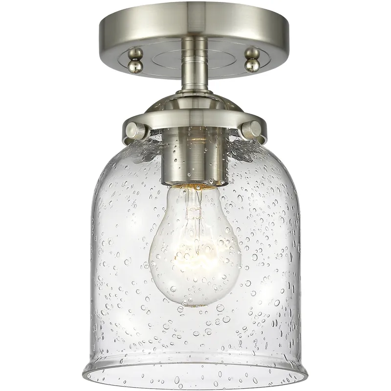 Direct From Factory Nouveau Small Bell 1 Light 5 inch Brushed Satin Nickel Semi-Flush Mount Ceiling Light in Seedy Glass, Nouveau