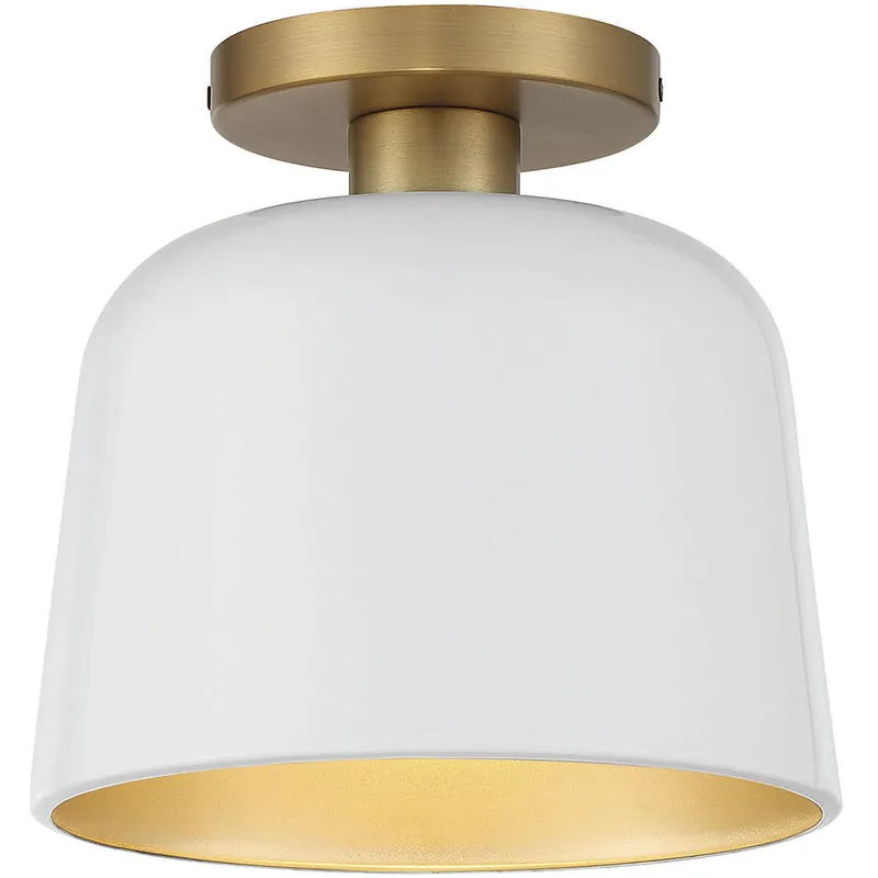 Top Pick Vintage 1 Light 9 inch White and Natural Brass Semi-Flush Ceiling Light in White with Natural Brass