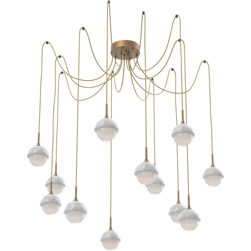 Genuine Cabochon LED 14.1 inch Novel Brass with White Marble Swag Multi-Pendant Ceiling Light in 2700K LED, Opal White