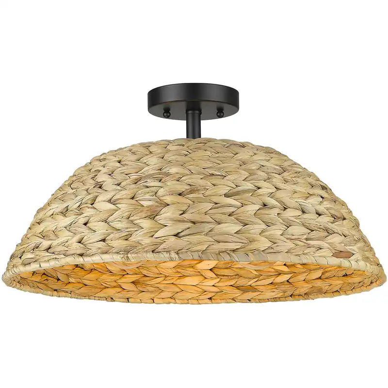 Rue 3 Light 18.75 inch Matte Black Semi-Flush Mount Ceiling Light in Woven Sweet Grass Popular