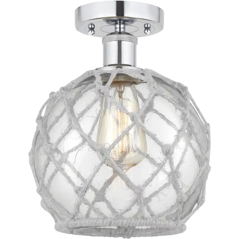 Edison Farmhouse Rope 1 Light 8 inch Polished Chrome Semi-Flush Mount Ceiling Light in Clear Glass with White Rope Brand New