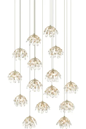Brand New Crystal Bud 15 Light 27 inch Painted Silver/Contemporary Silver Leaf Multi-Drop Pendant Ceiling Light