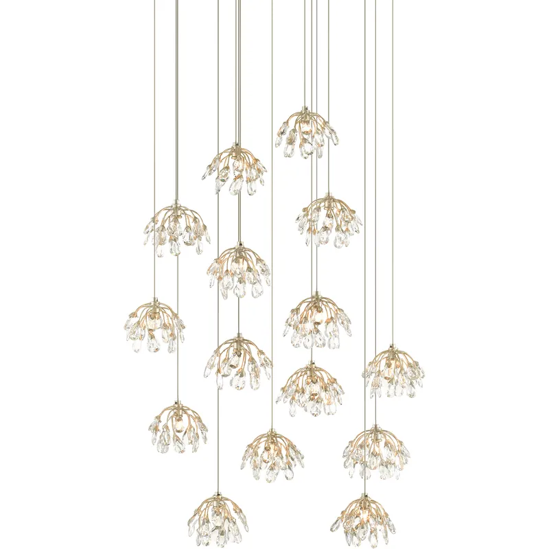 Brand New Crystal Bud 15 Light 27 inch Painted Silver/Contemporary Silver Leaf Multi-Drop Pendant Ceiling Light