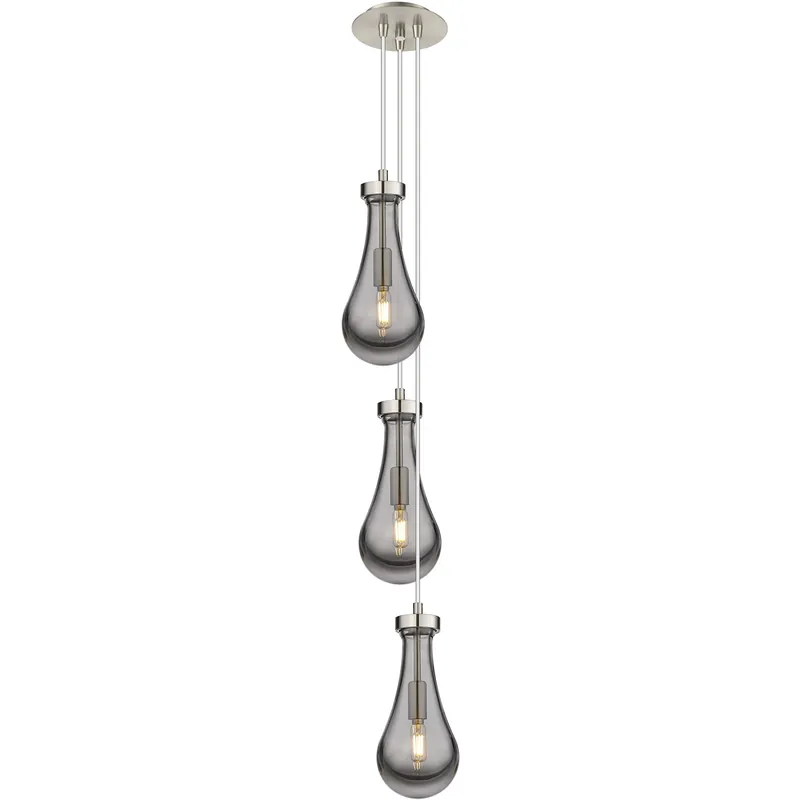 Genuine Owego 3 Light 7.13 inch Brushed Satin Nickel Multi Pendant Ceiling Light in Light Smoke Glass, Cord Hung