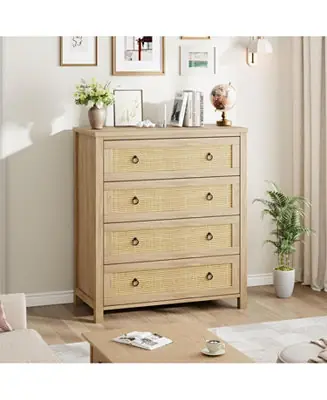 Free Shipping 4-Drawer Boho Rattan Dresser, 37" Tall, Chest for Closet, Nightstand for Bedroom, Home Office Organizer